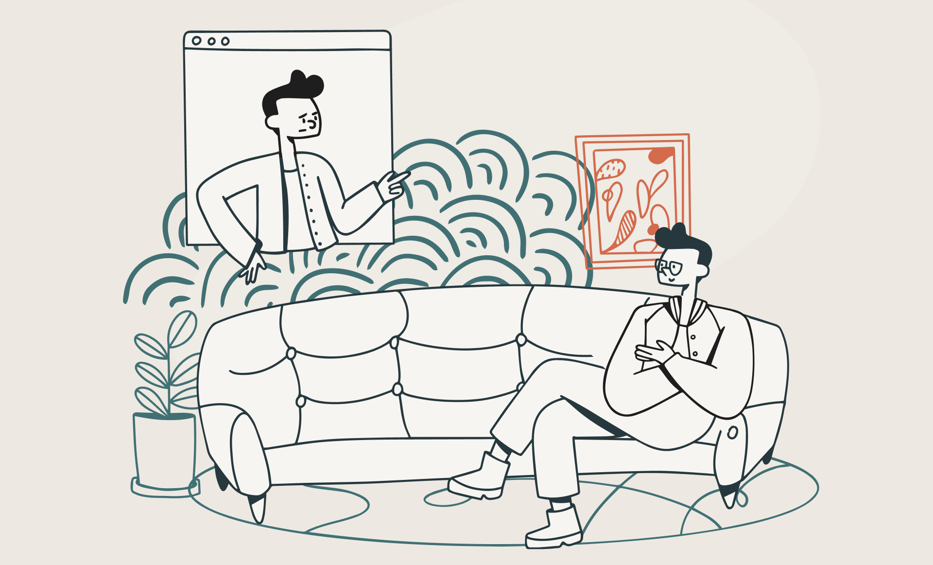 llustration of two versions of a designer having a conversation - present self sitting on couch with younger self appearing in a video chat window, surrounded by plants and artwork