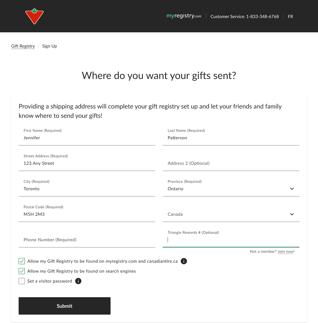 Canadian Tire sign up form