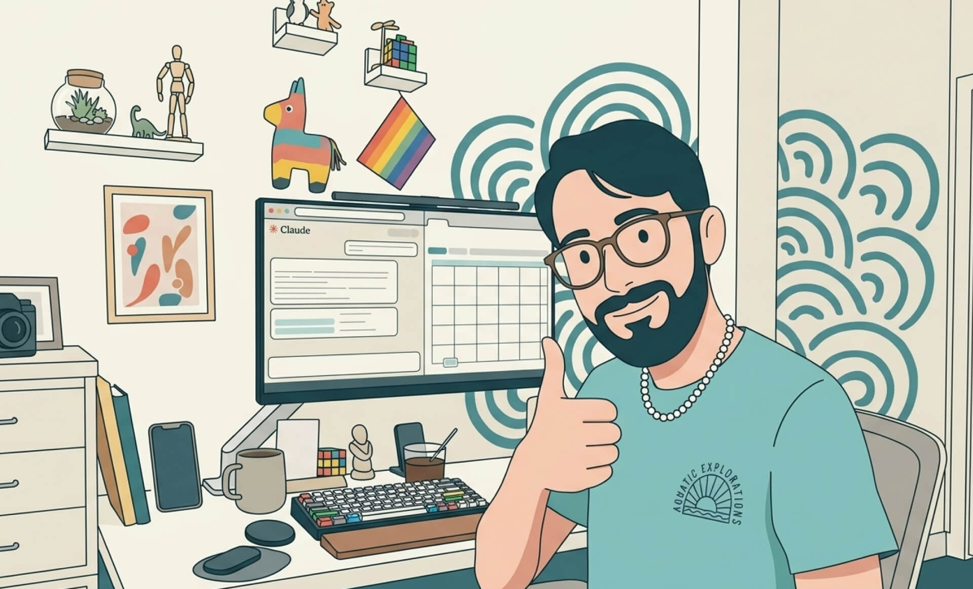 Illustration of Ronald smiling and giving a thumbs up at a minimal white desk featuring a split-screen monitor with Claude AI and an Excel spreadsheet.